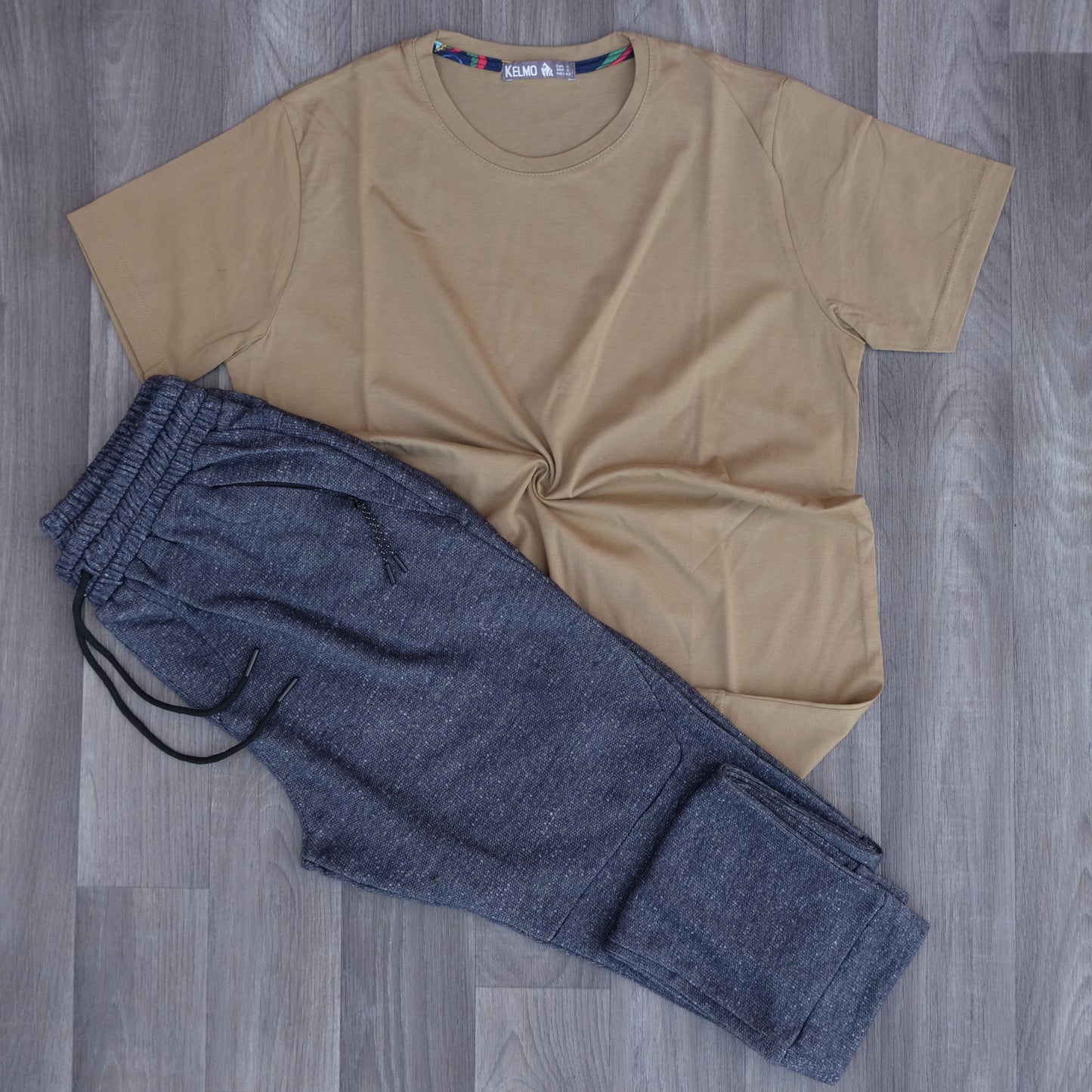 Ensemble T-shirt Kaki Clair + Jogging Beska Bleu Chiné