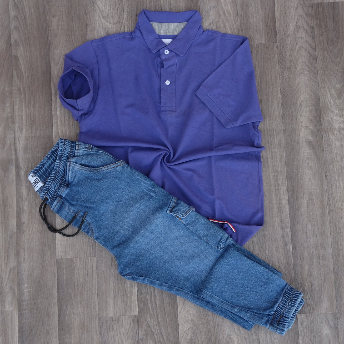 Ensemble Cargo Jeans Délavé Bleu + Polo Mauve