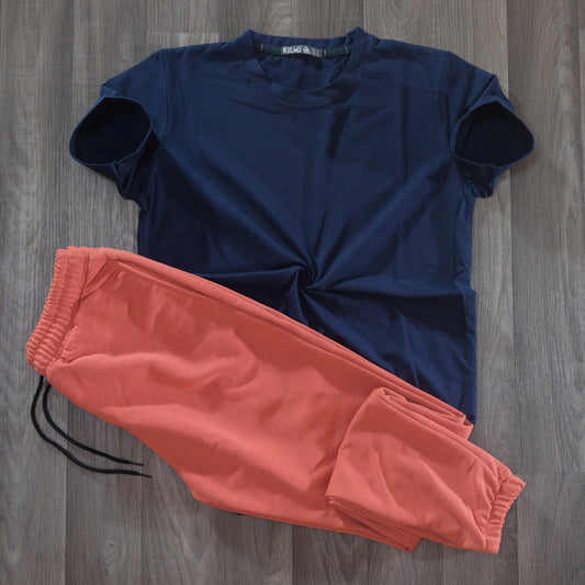 Ensemble T-Shirt Bleu Marine + Jogging Rouge Brique