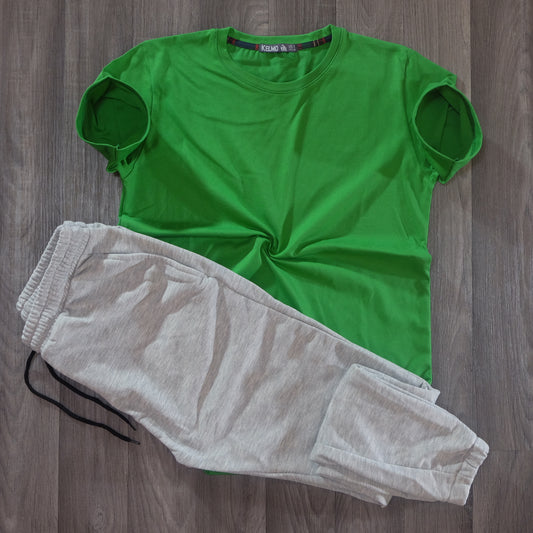 Ensemble T-Shirt Vert Gazon + Jogging Gris Chine Clair