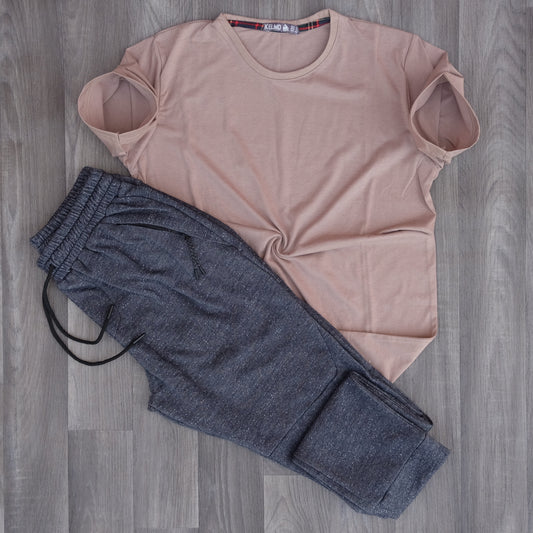 Ensemble T-shirt Beige Caramel + Jogging Beska Bleu Chine