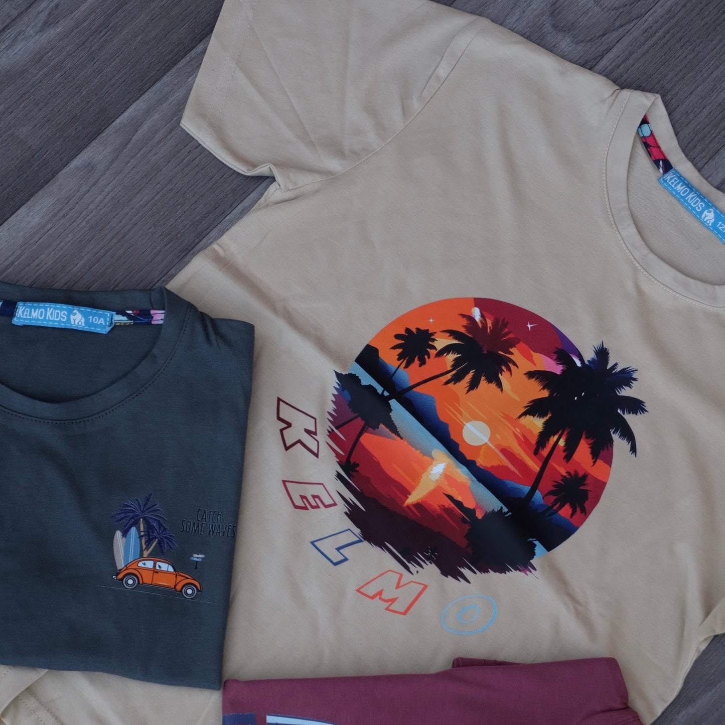 Pack 3 T-Shirt Enfant Imprimé Beige+ Vert Olive + Grenat