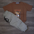 Ensemble Enfant Cargo Gris Clair + T-Shirt Marron Imprimé Ourson Selfie