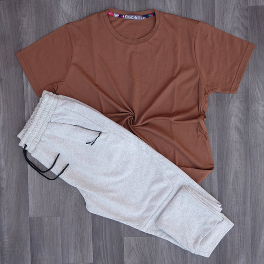 Ensemble T-shirt Marron Fonce + Jogging Beska Gris Chiné Clair