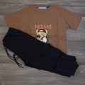 Ensemble Enfant Cargo Noir + T-Shirt Marron Imprimé Ourson Selfie