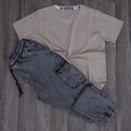 Ensemble Cargo Jeans Délavé Gris + T-Shirt Beige Foncé