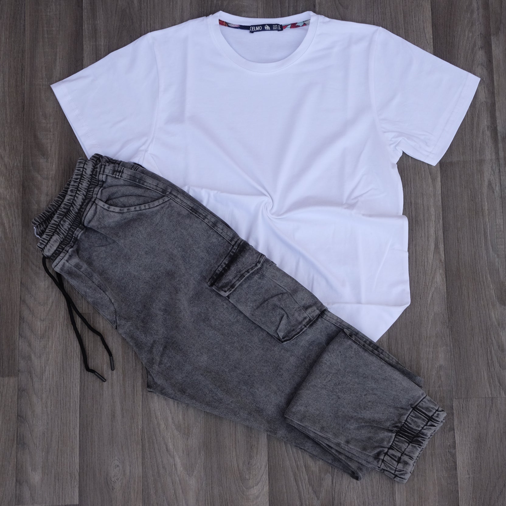 Ensemble Cargo Jeans Délavé Gris + T-Shirt Blanc