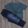 Ensemble Jeans Délavé Bleu Droit + T-Shirt Vert Bouteille