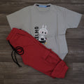 Ensemble Enfant Jogging Cargo Rouge + T-Shirt Gris Clair Imprimé Lapin Kelmo