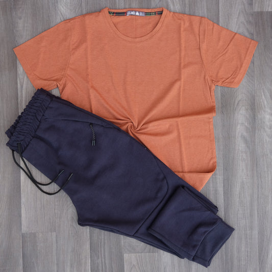 Ensemble T-shirt orange brique & jogging beska bleu marine