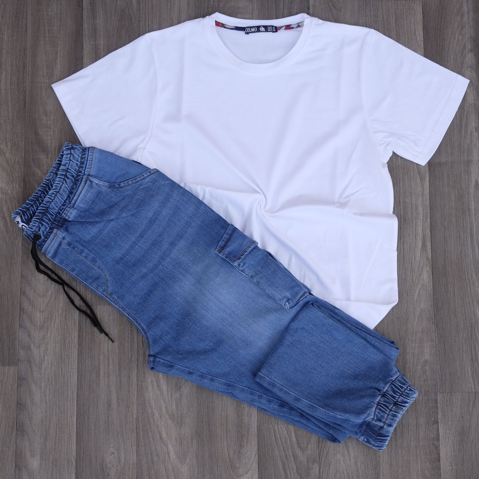Ensemble Cargo Jeans Délavé Bleu + T-Shirt Blanc