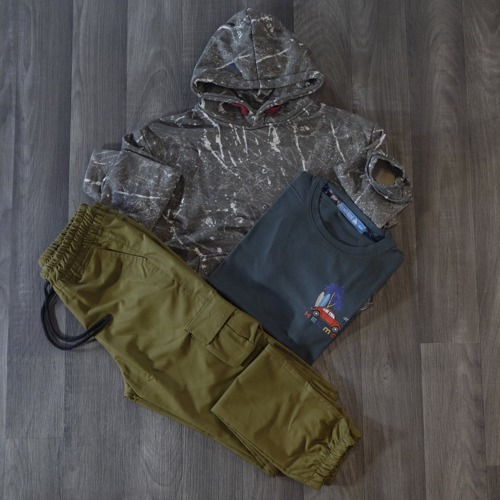 Ensemble Enfant 3 Pieces Pantalon Cargo Kaki +Sweat a Capuche Camouflage Marron + T-Shirt Vert Olive