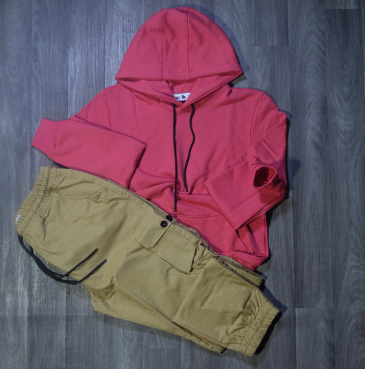 Ensemble Cargo Beige Sable + Capuche Cotton Rose Fushia