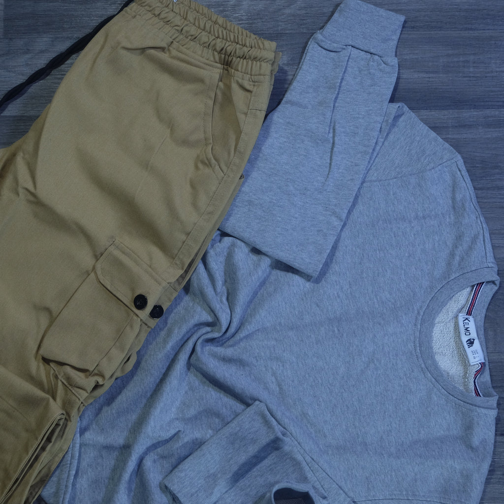 Ensemble Cargo Beige Sable + Sweat Gris Chine Clair