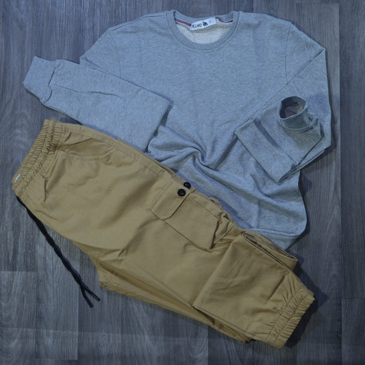 Ensemble Cargo Beige Sable + Sweat Gris Chine Clair