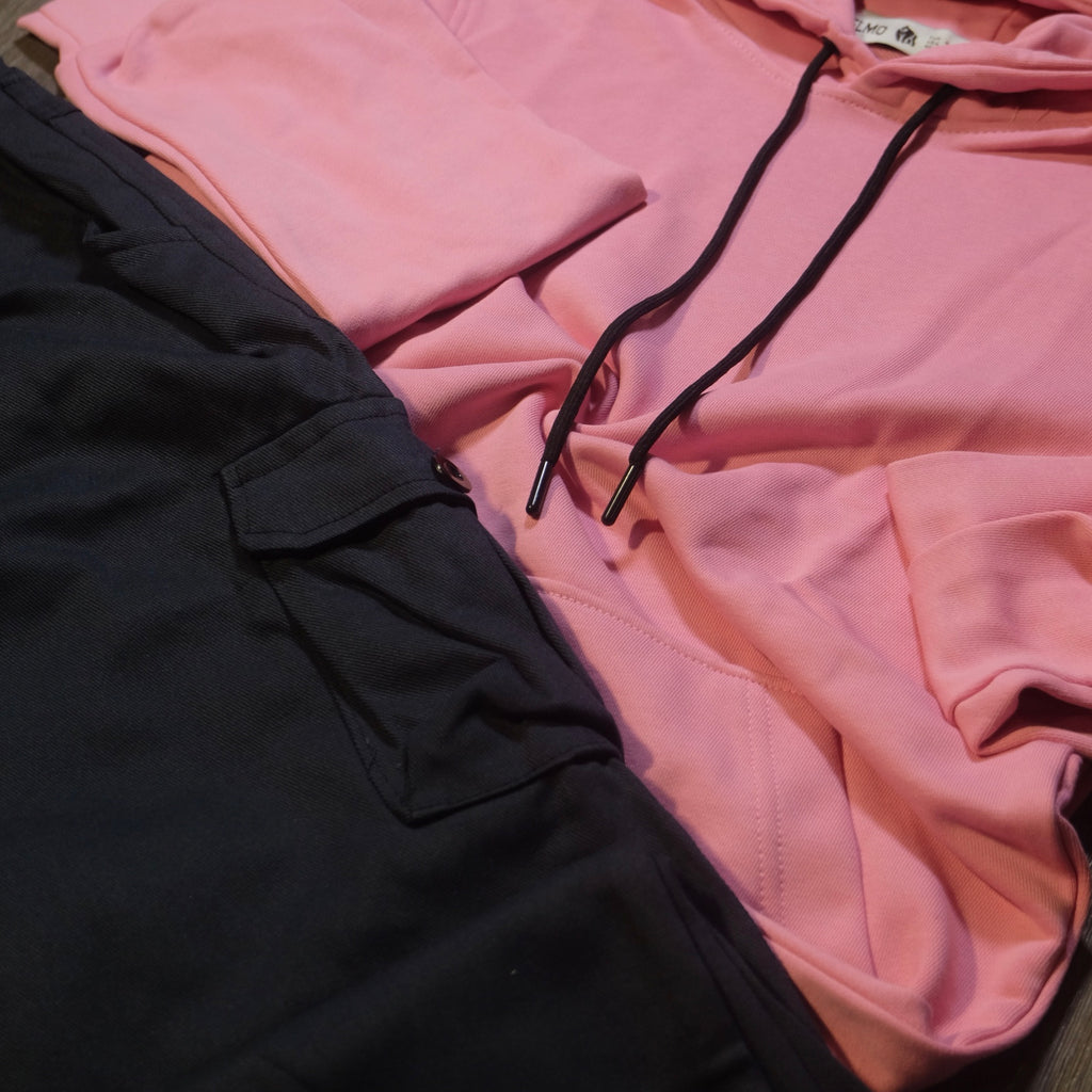 Ensemble Cargo Bleu Marine + Capuche Cotton Rose Clair