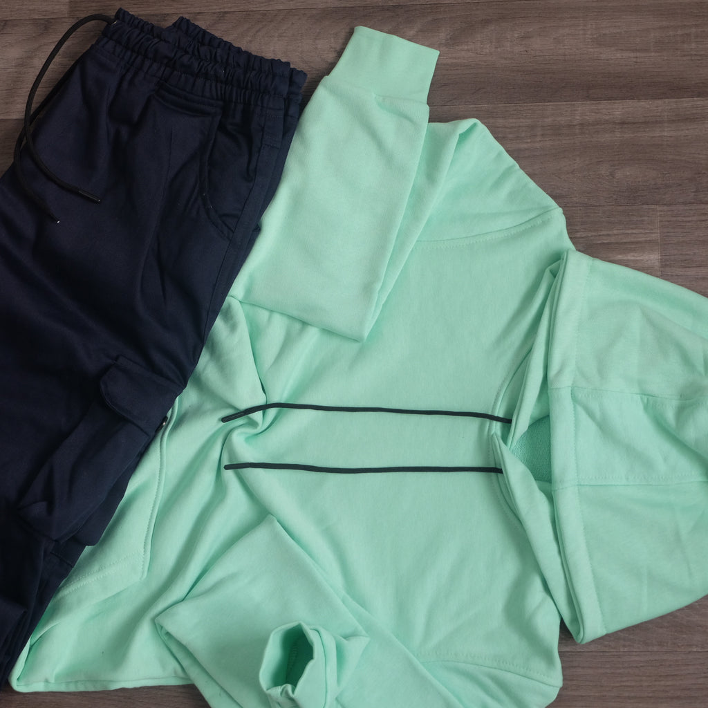 Ensemble Cargo Bleu Marine + Capuche Cotton Vert Anise