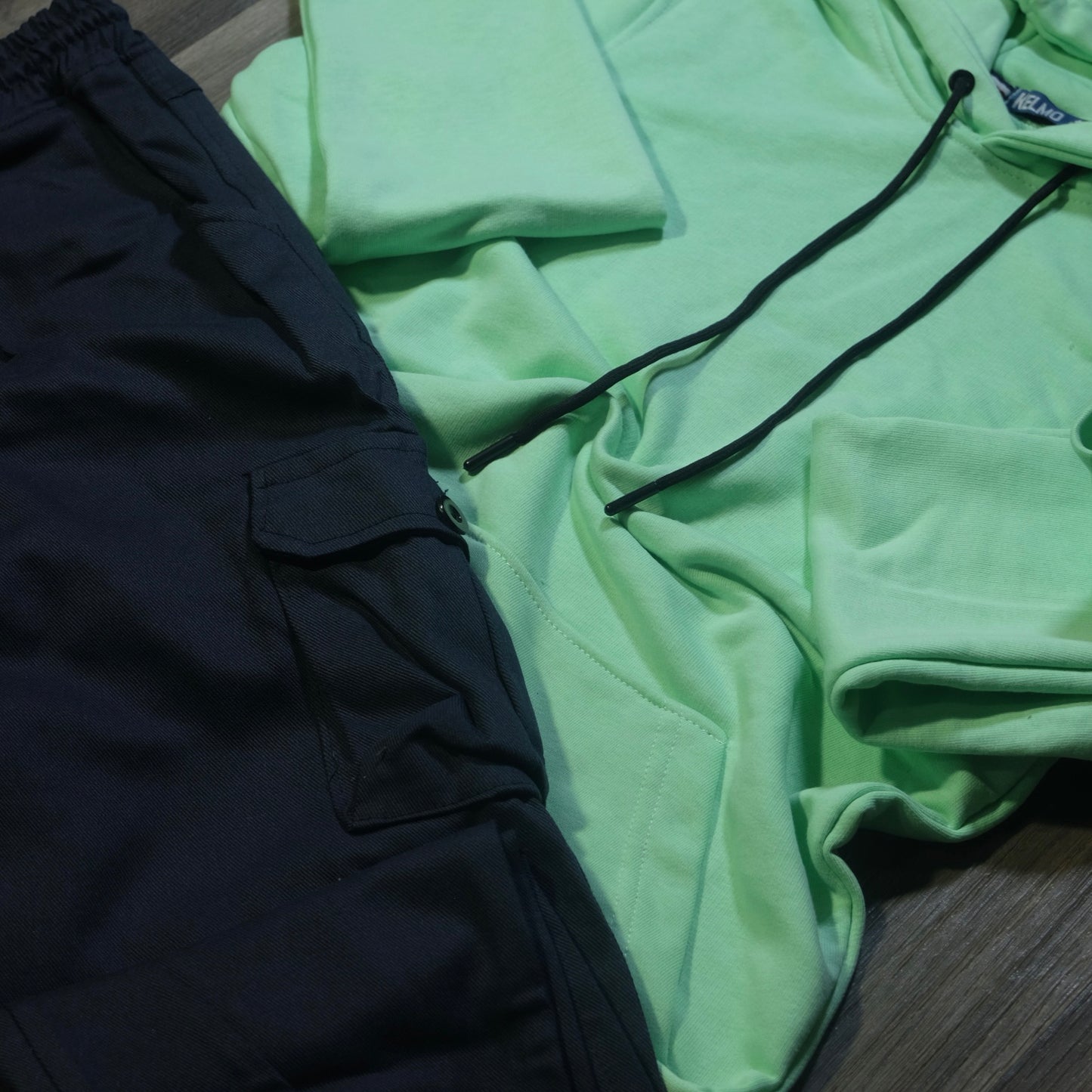 Ensemble Cargo Bleu Marine + Capuche Cotton Vert Anise