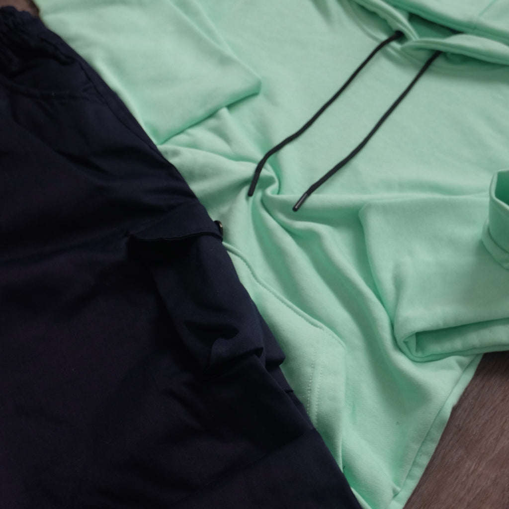 Ensemble Cargo Bleu Marine + Capuche Cotton Vert Anise