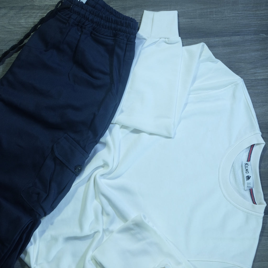 Ensemble Cargo Bleu Marine + Sweat Blanc