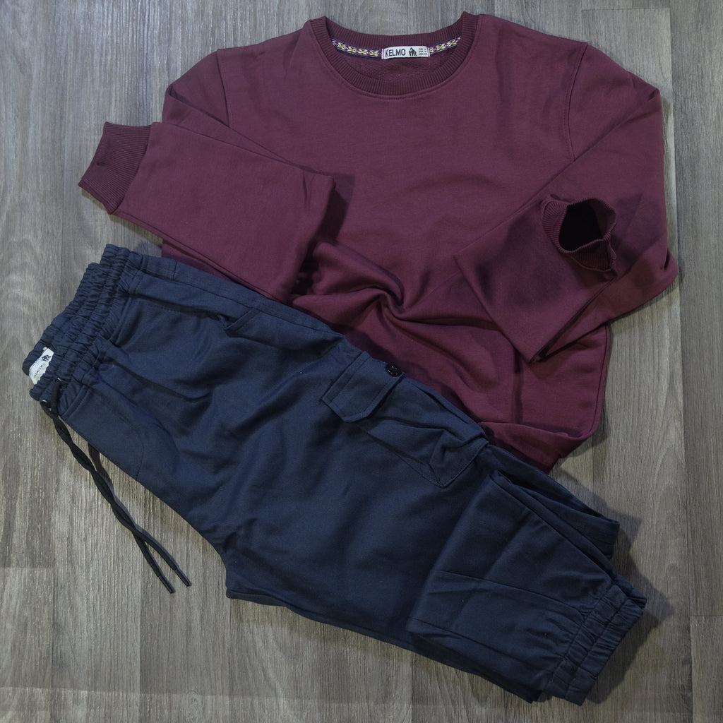 Ensemble Cargo Bleu Marine + Sweat Grenat