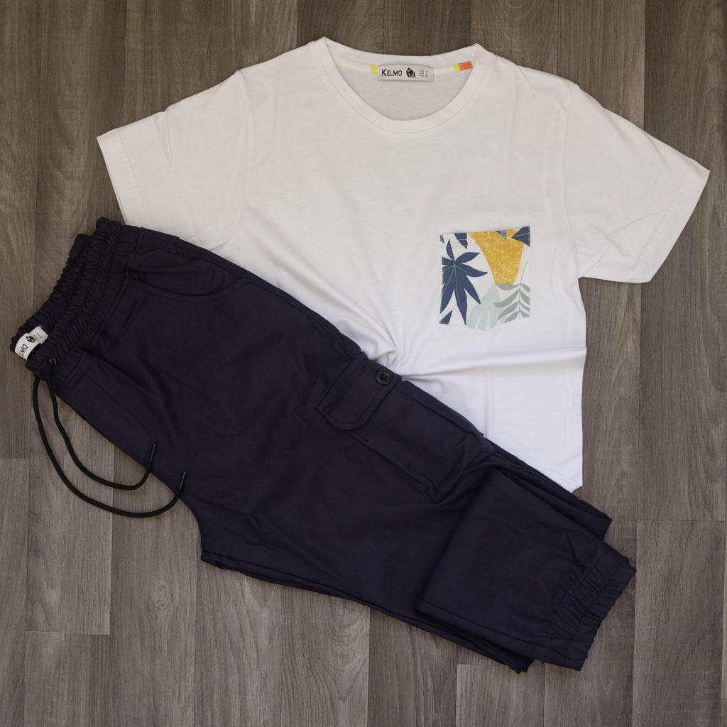Ensemble Cargo Bleu Marine + T-Shirt Poche Blanc