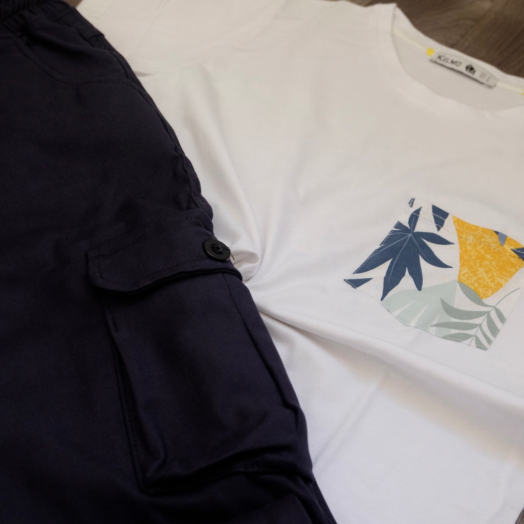 Ensemble Cargo Bleu Marine + T-Shirt Poche Blanc