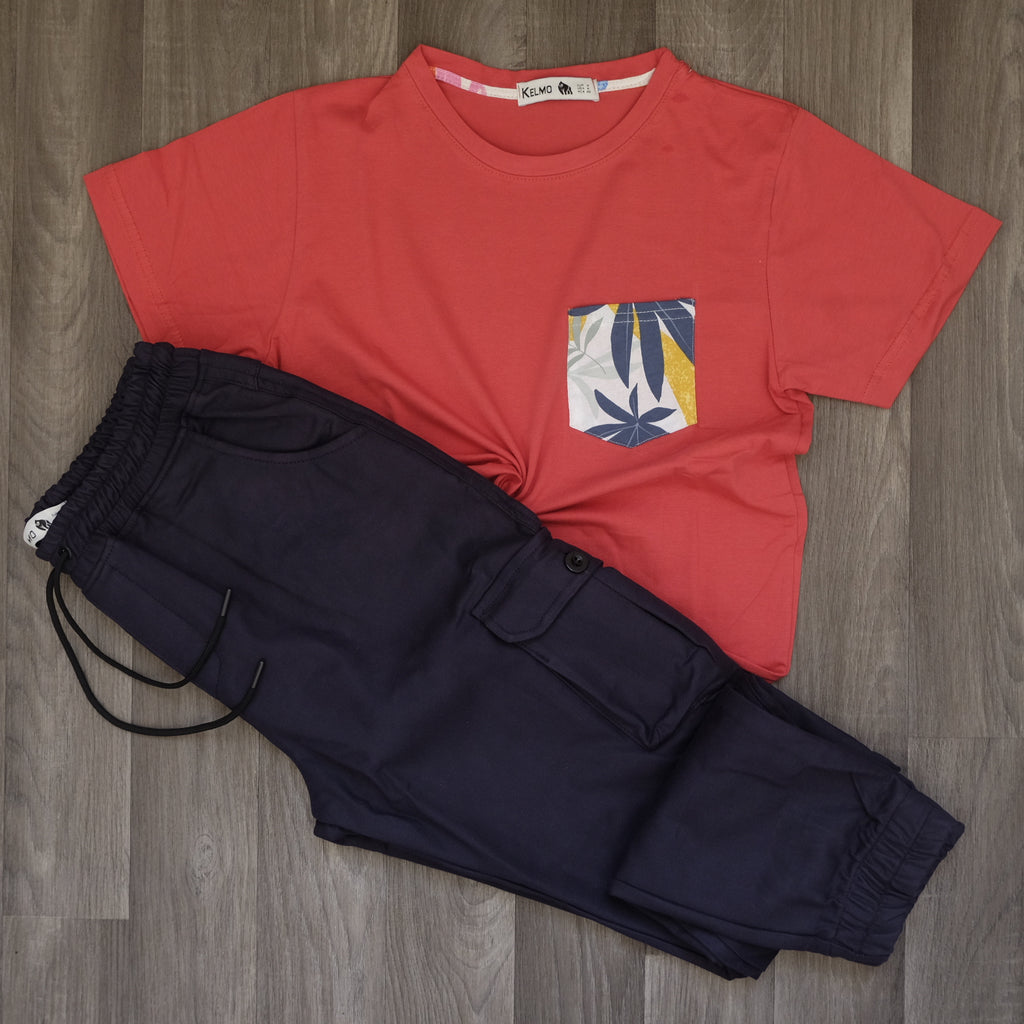 Ensemble Cargo Bleu Marine + T-Shirt Poche Rouge