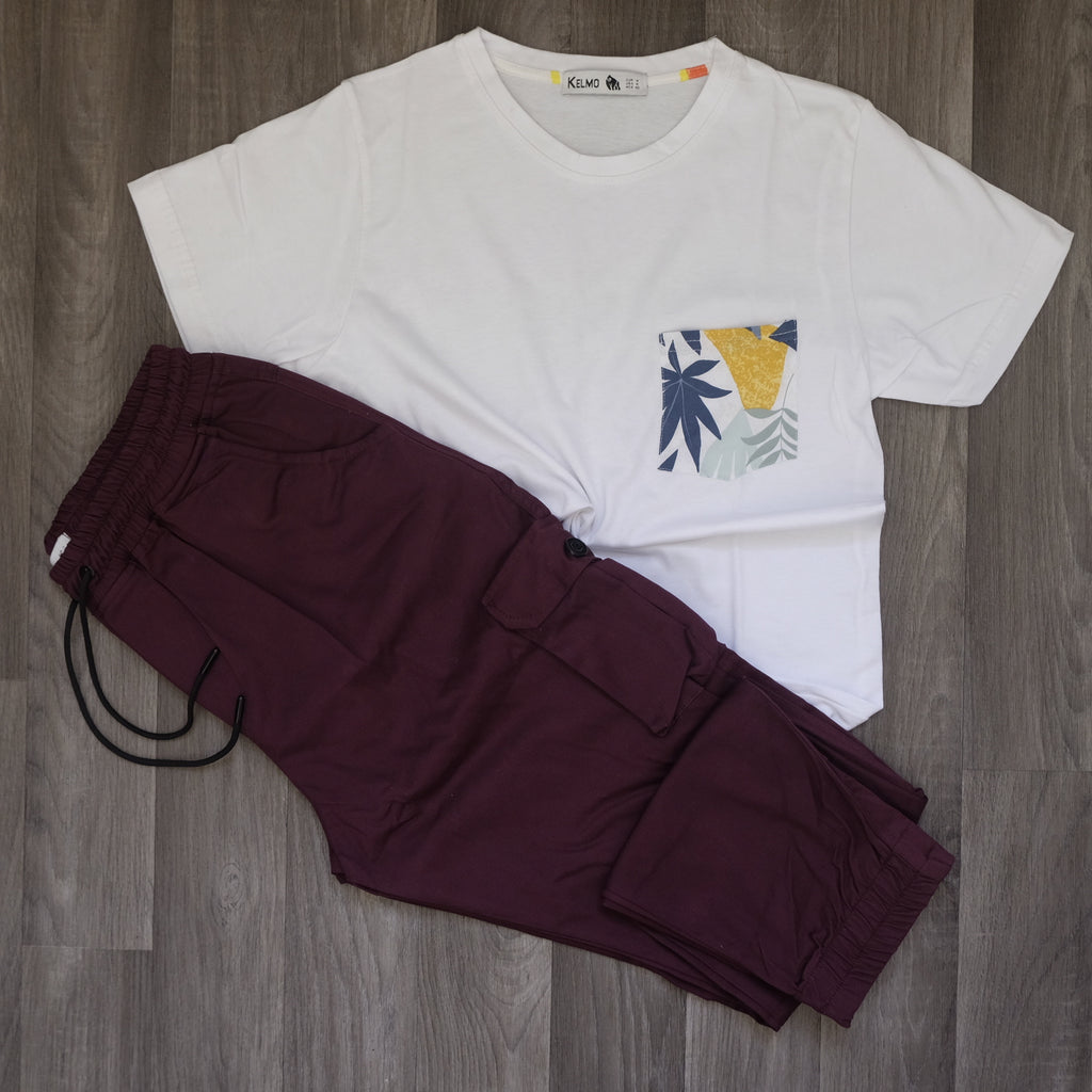 Ensemble Cargo Grenat + T-Shirt Poche Blanc