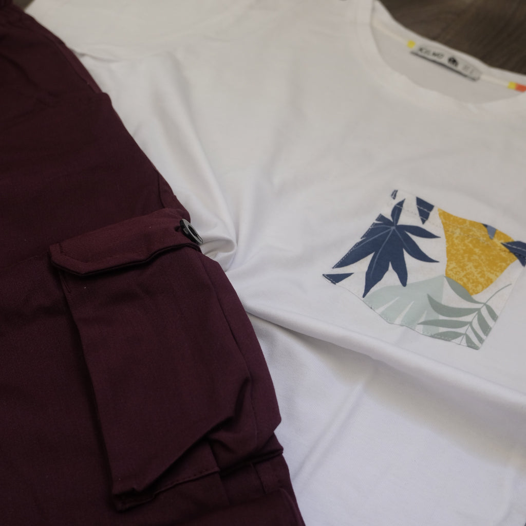 Ensemble Cargo Grenat + T-Shirt Poche Blanc