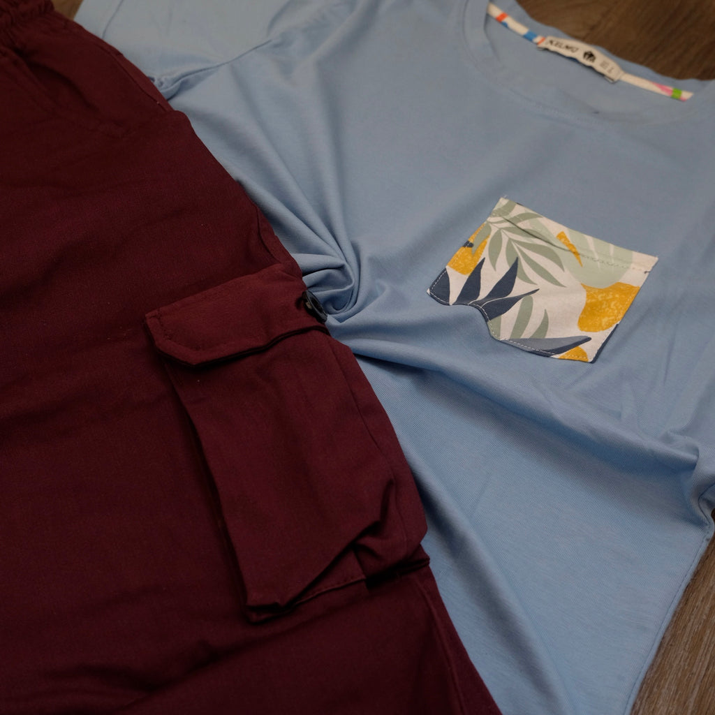 Ensemble Cargo Grenat + T-Shirt Poche Bleu Ciel