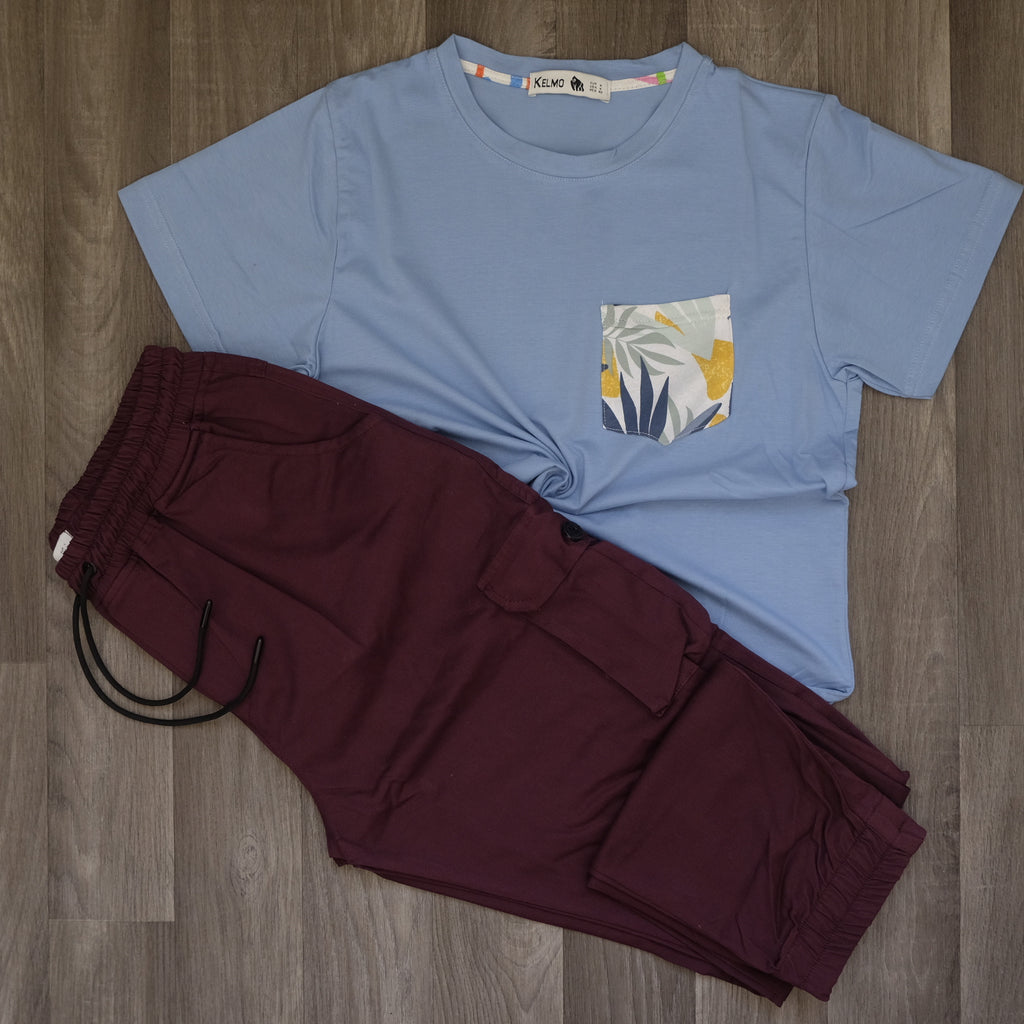 Ensemble Cargo Grenat + T-Shirt Poche Bleu Ciel