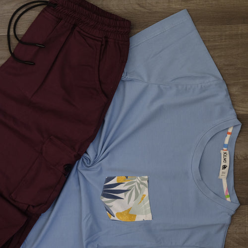 Ensemble Cargo Grenat + T-Shirt Poche Bleu Ciel