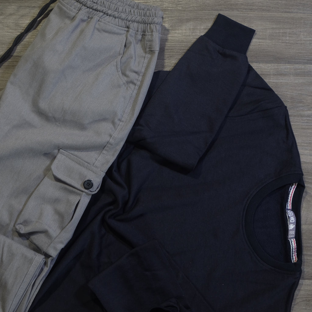 Ensemble Cargo Gris Clair + Sweat Bleu Marine