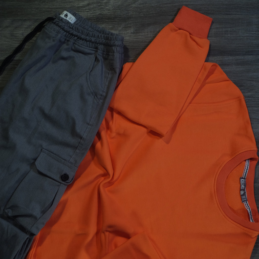 Ensemble Cargo Gris Clair + Sweat Orange