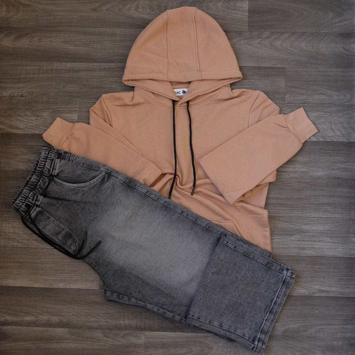 Ensemble Cargo Jeans Baggy Gris + Capuche Cotton Beige Fonce