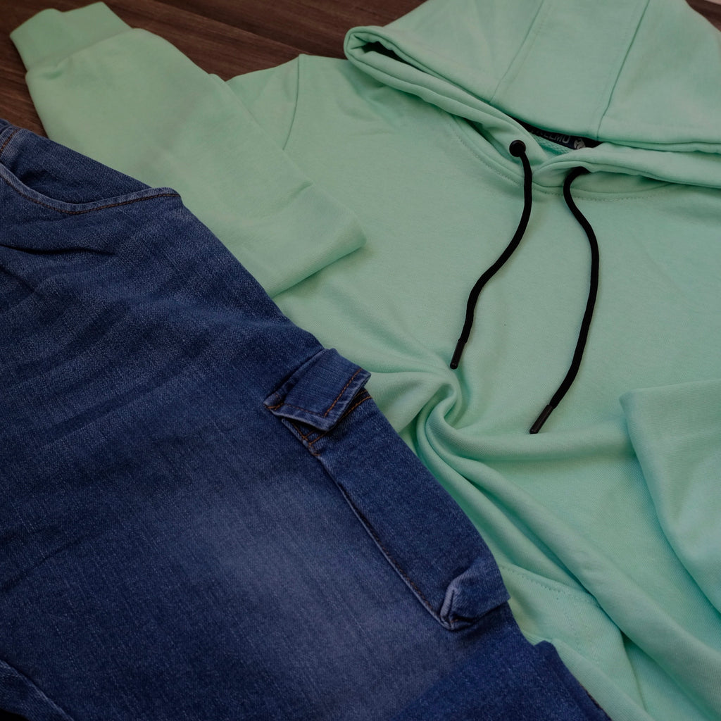Ensemble Cargo Jeans Bleu  + Capuche Cotton Vert Eau