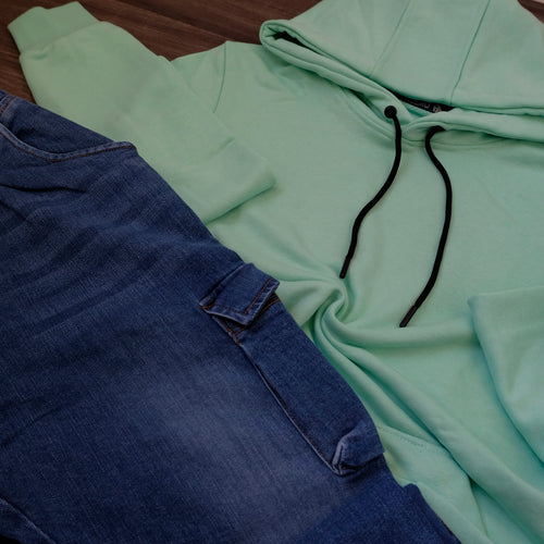 Ensemble Cargo Jeans Bleu  + Capuche Cotton Vert Eau