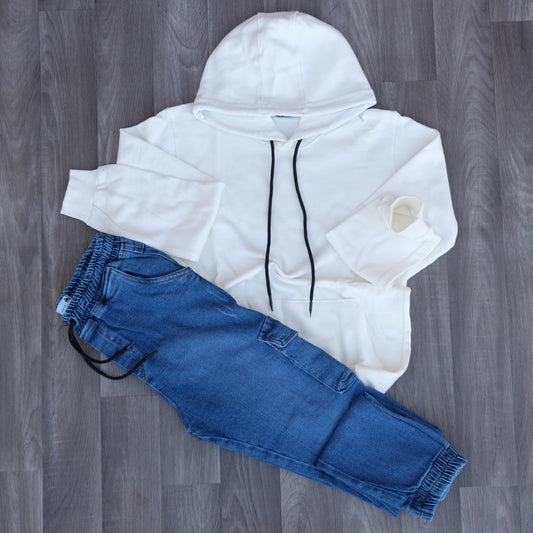 Ensemble Cargo Jeans Délavé Bleu + Capuche Cotton Blanc