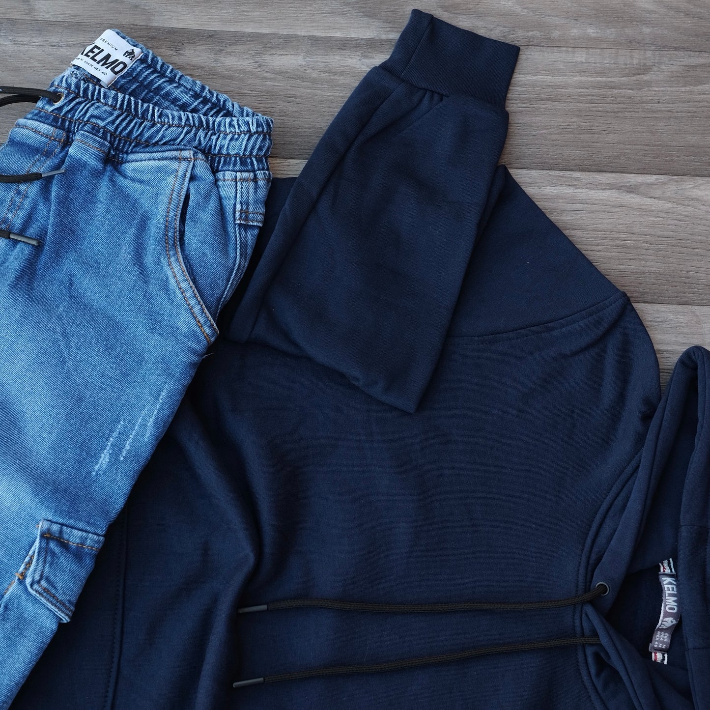 Ensemble Cargo Jeans Délavé Bleu  + Capuche Cotton Bleu Marine