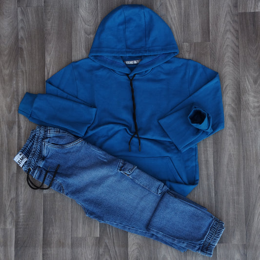 Ensemble Cargo Jeans Délavé Bleu  + Capuche Cotton Bleu Roi