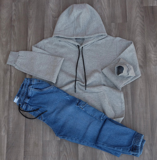 Ensemble Cargo Jeans Délavé Bleu  + Capuche Cotton Gris Chine Clair