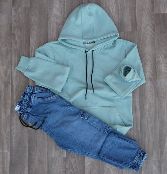 Ensemble Cargo Jeans Délavé Bleu + Capuche Cotton Vert Eau