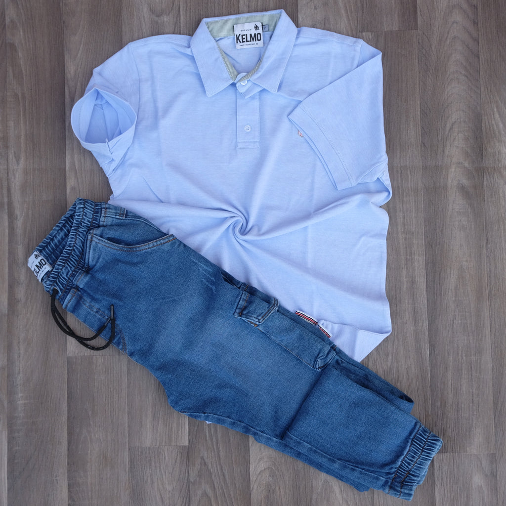 Ensemble Cargo Jeans Délavé Bleu + Polo Bleu Ciel