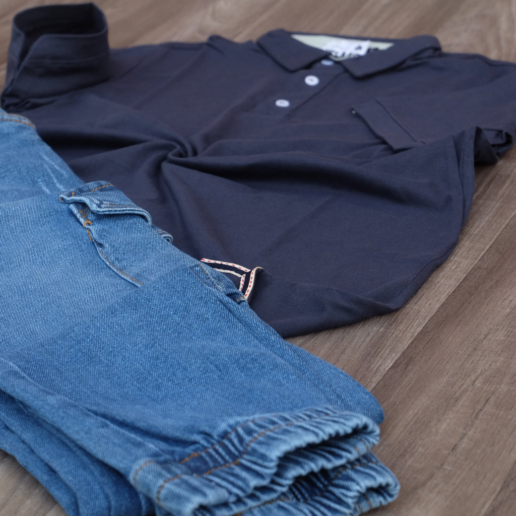 Ensemble Cargo Jeans Délavé Bleu + Polo Bleu Marine