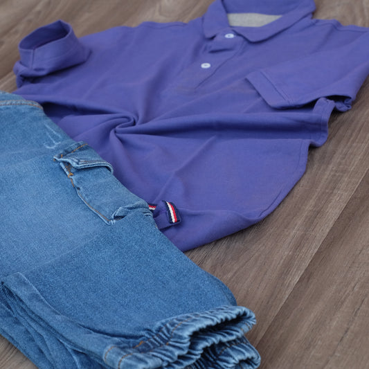 Ensemble Cargo Jeans Délavé Bleu + Polo Mauve