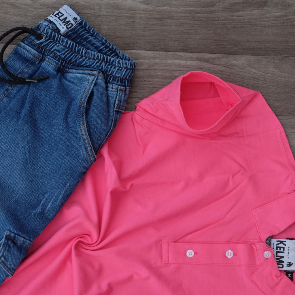 Ensemble Cargo Jeans Délavé Bleu + Polo Rose fushia