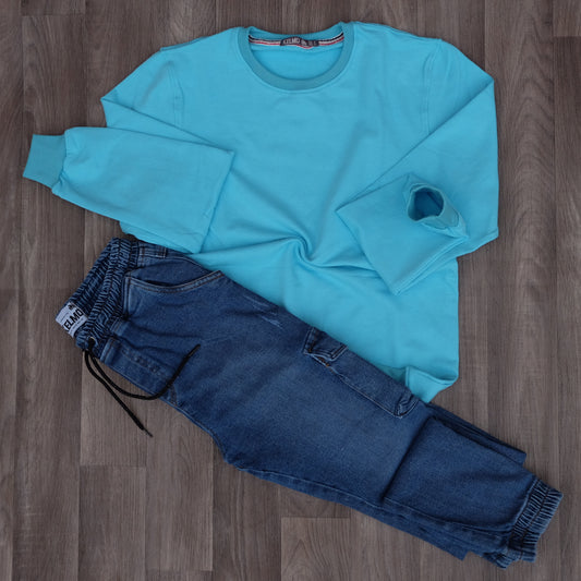 Ensemble Cargo Jeans Délavé Bleu + Sweat Turquoise