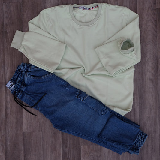 Ensemble Cargo Jeans Délavé Bleu  + Sweat Vert Nil