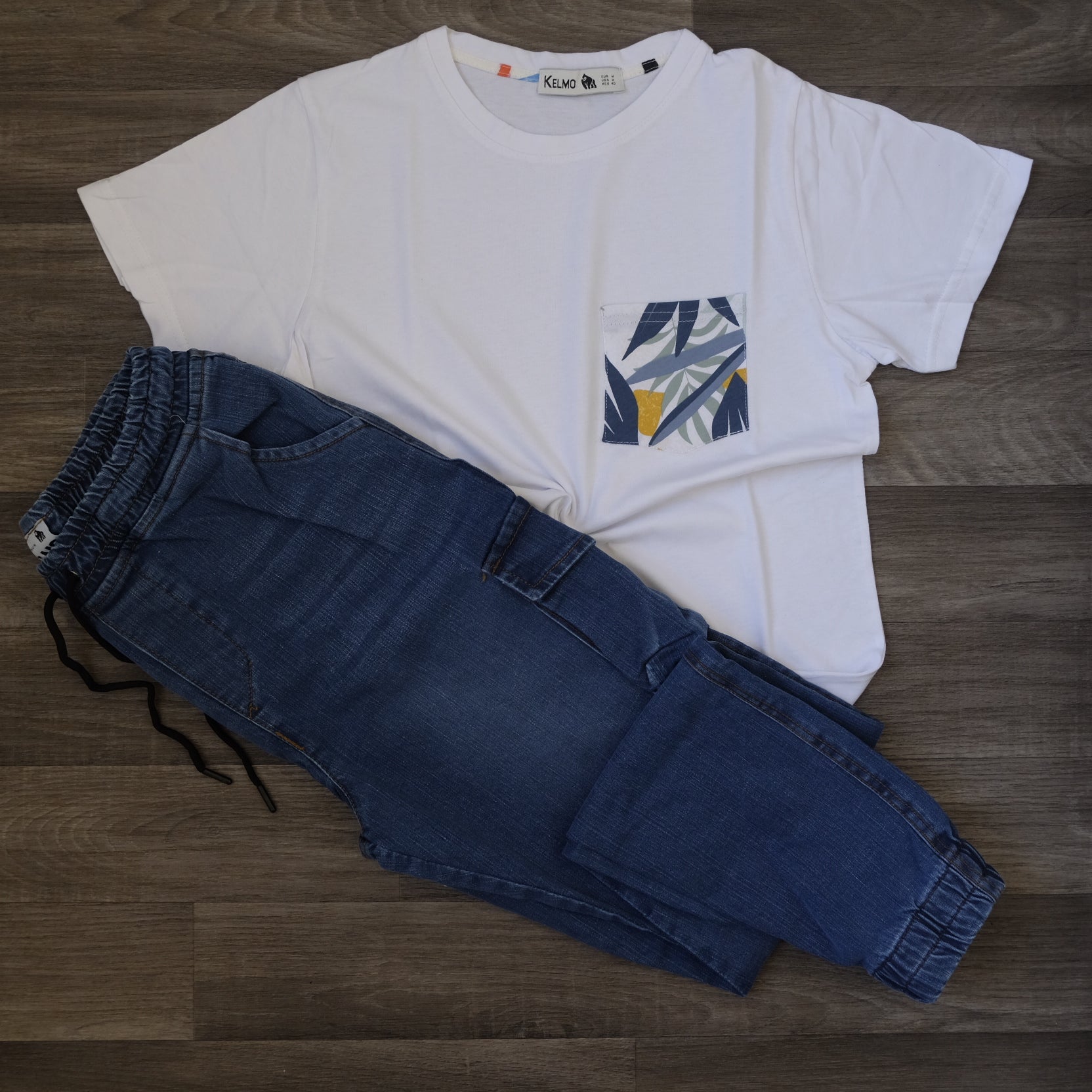 Ensemble Cargo Jeans Délavé Bleu  + T-Shirt Poche Blanc